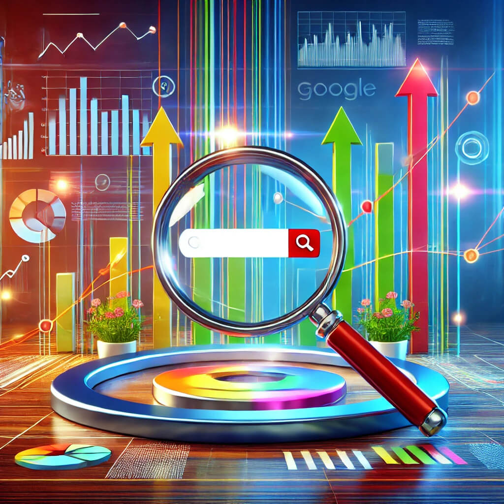 Consejos para mejorar tus búsquedas en Google con estrategias de optimización y crecimiento. Ilustración de una interfaz digital con una lupa destacando una barra de búsqueda. Flechas ascendentes y gráficos en el fondo representan el crecimiento en las búsquedas de Google. Colores vibrantes y elementos tecnológicos enfatizan el tema de optimización y estrategias de marketing