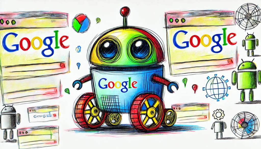 Googlebot dibujado a mano, el robot de rastreo web de Google, con una apariencia colorida y amigable. Ilustración colorida y dibujada a mano de Googlebot, el robot de rastreo web de Google. El robot tiene una apariencia amigable con colores brillantes, ojos expresivos y un cuerpo mecánico con engranajes. Alrededor de él flotan iconos de páginas web y búsqueda, simbolizando su tarea de indexar sitios web.