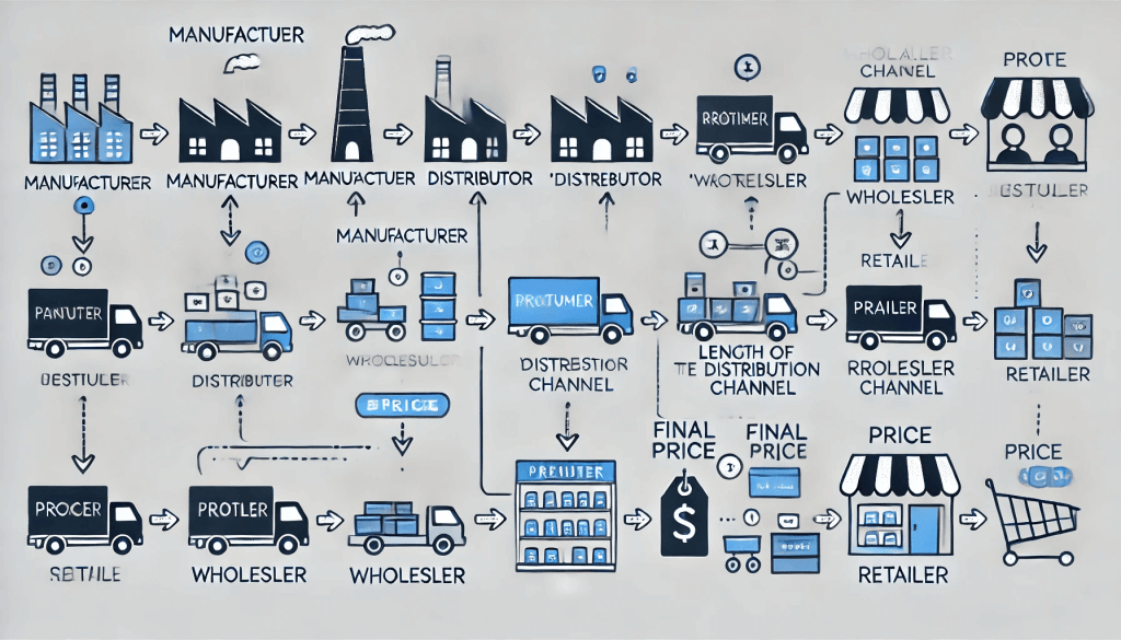 Diagrama de estrategia de distribución que muestra el flujo del producto desde el fabricante hasta el consumidor final. Incluye varias capas de intermediarios: importador, distribuidor, mayorista y minorista. A medida que se agregan más intermediarios, se alarga el canal de distribución, lo que aumenta el precio final para el consumidor.
