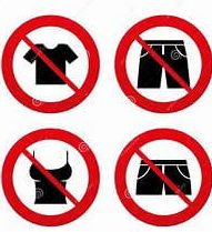 en la imagen hay prendas de ropa (camiseta, pantalones cortos y camisa de tirantes) dentro de señales de prohibición rojos.