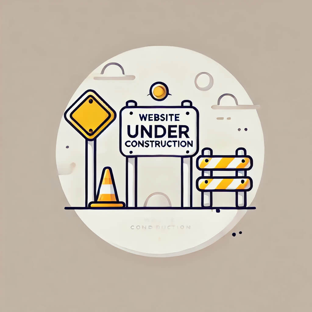 Ilustración simple de una página web en construcción, con un cono de tráfico, una señal de advertencia y un banner indicando que la página está en construcción. Los colores son neutros, con un toque de amarillo para resaltar la precaución.